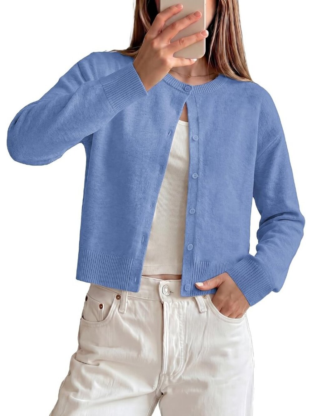🆕Women's Blue Cropped Knit Cardigan Sweater Crew Neck Button Front Jacket